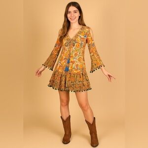 Peace + Love Boho Paisley Dress with Pom-Pom Trim Size S